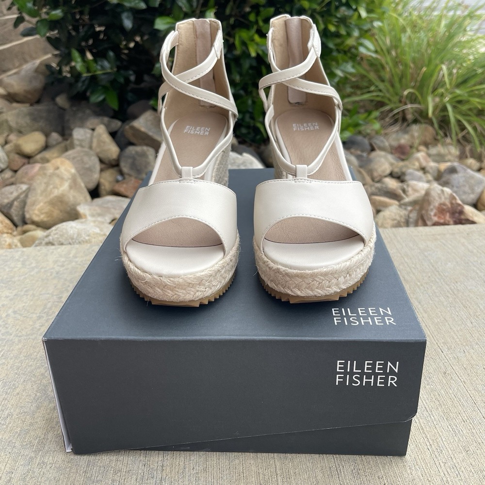 Eileen Fisher Wesson Tumbled Nubuck Wedge Espadrille Sandals Womens Ivory 8.5‎ M